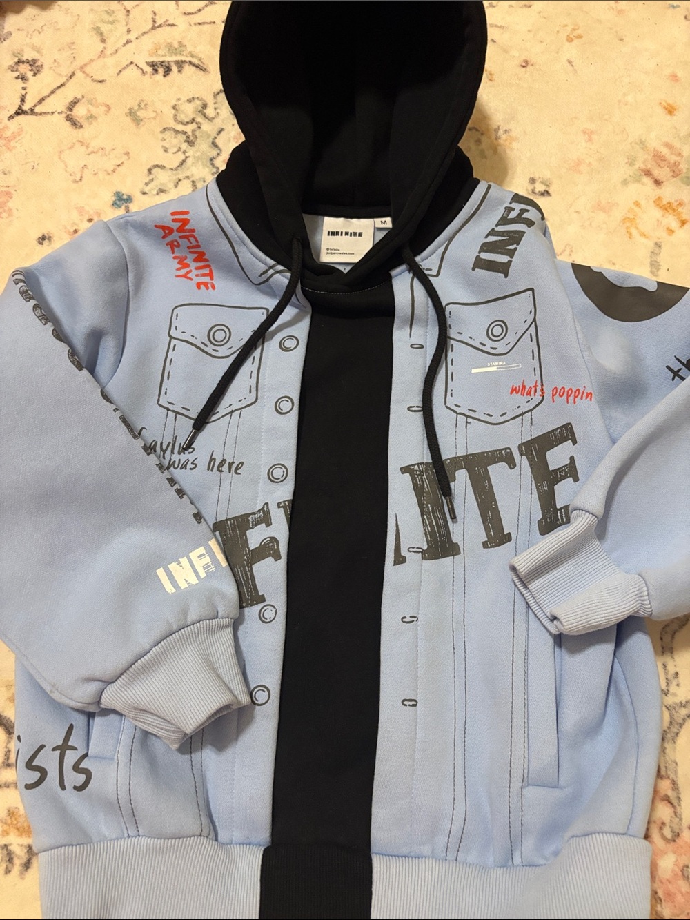 INFINITE Kids' Light Blue & Black Graphic Hoodie Sweatshirt. Size boys medium!